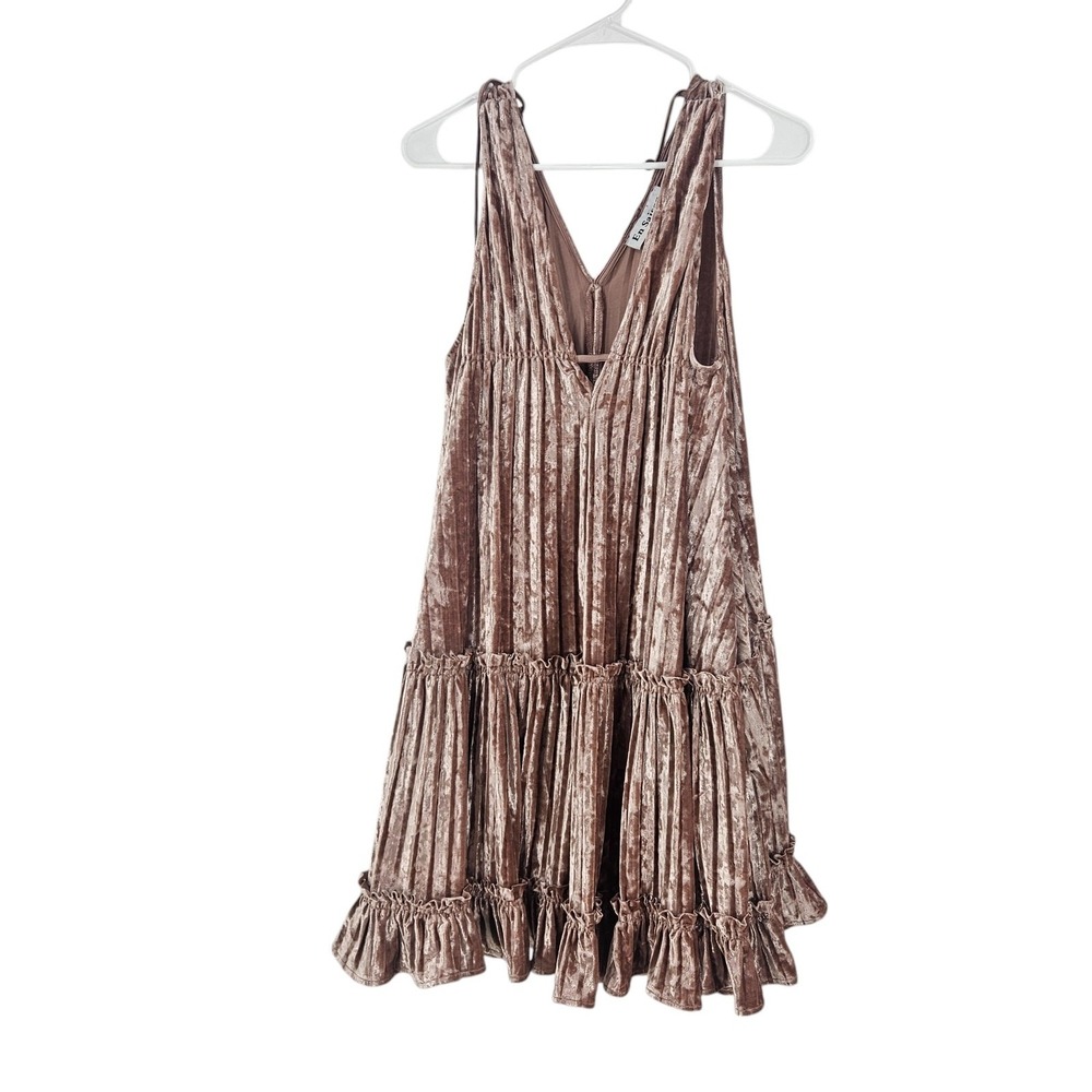 EN SAISON Dress Pink Crushed Velvet Plunging Neck Tiered Swing Mini Size XS